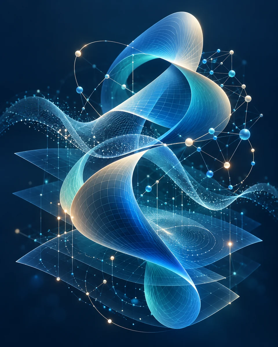 Connected mathematical surfaces and data networks representing research across disciplines.